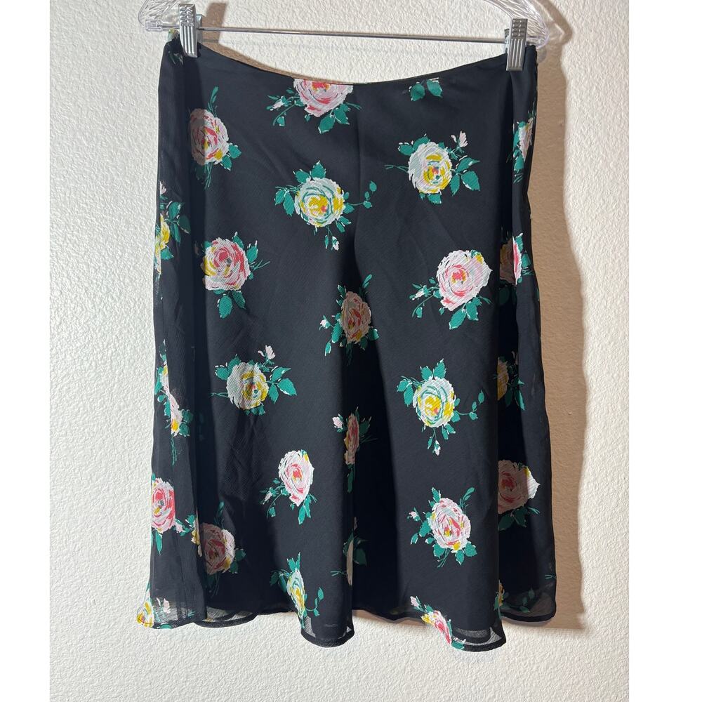 Boden Women's Size 8 Black Pink Floral Flowy Skirt Chiffon Knee-Length Side-Zip - Picture 1 of 5